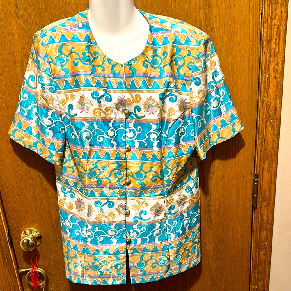 Colorful Patterned Short Sleeve Blouse button down up size 16 lady carol vintage